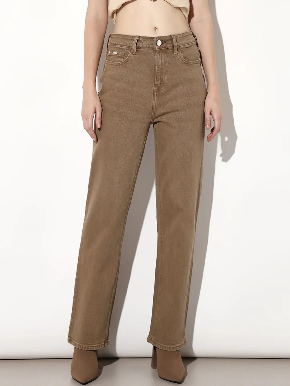 Brown High Rise Straight Fit Jeans