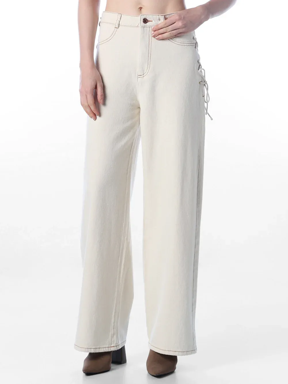 Ecru High Rise Wide Leg Jeans