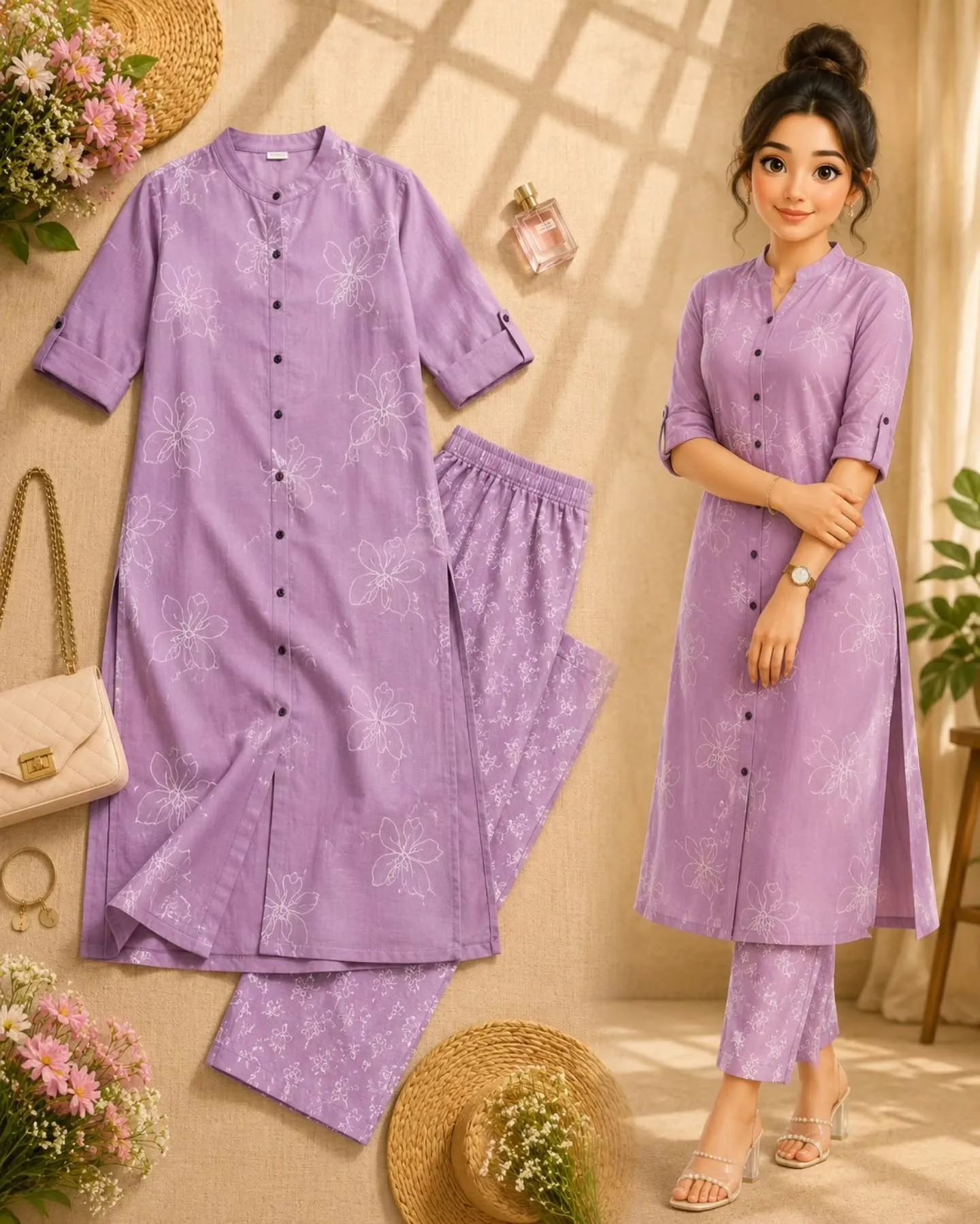 Women’s Lavender Floral Printed Straight Kurta with Pant Set
