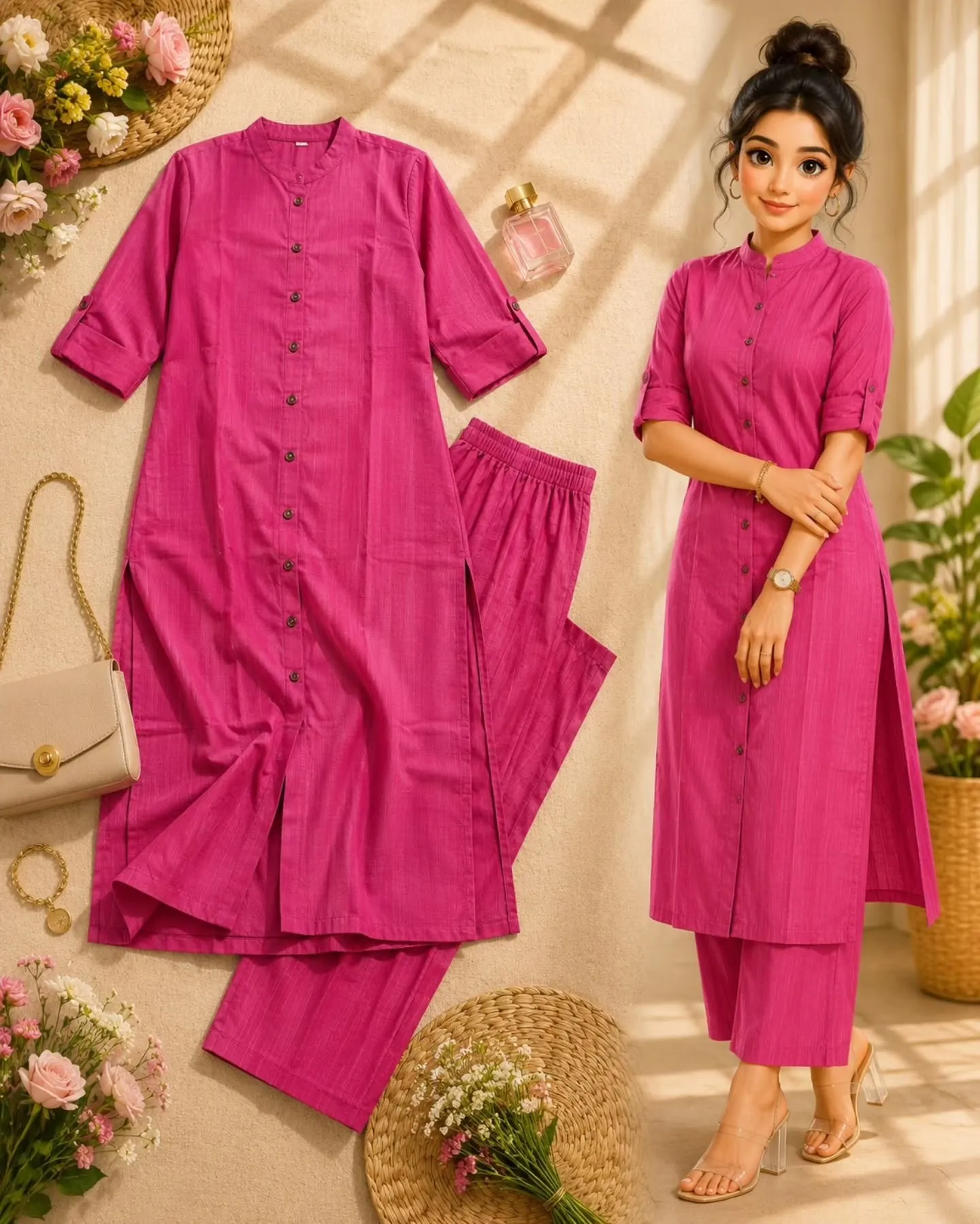 Women’s Pink Solid Straight Kurta Pant Set | Mandarin Collar