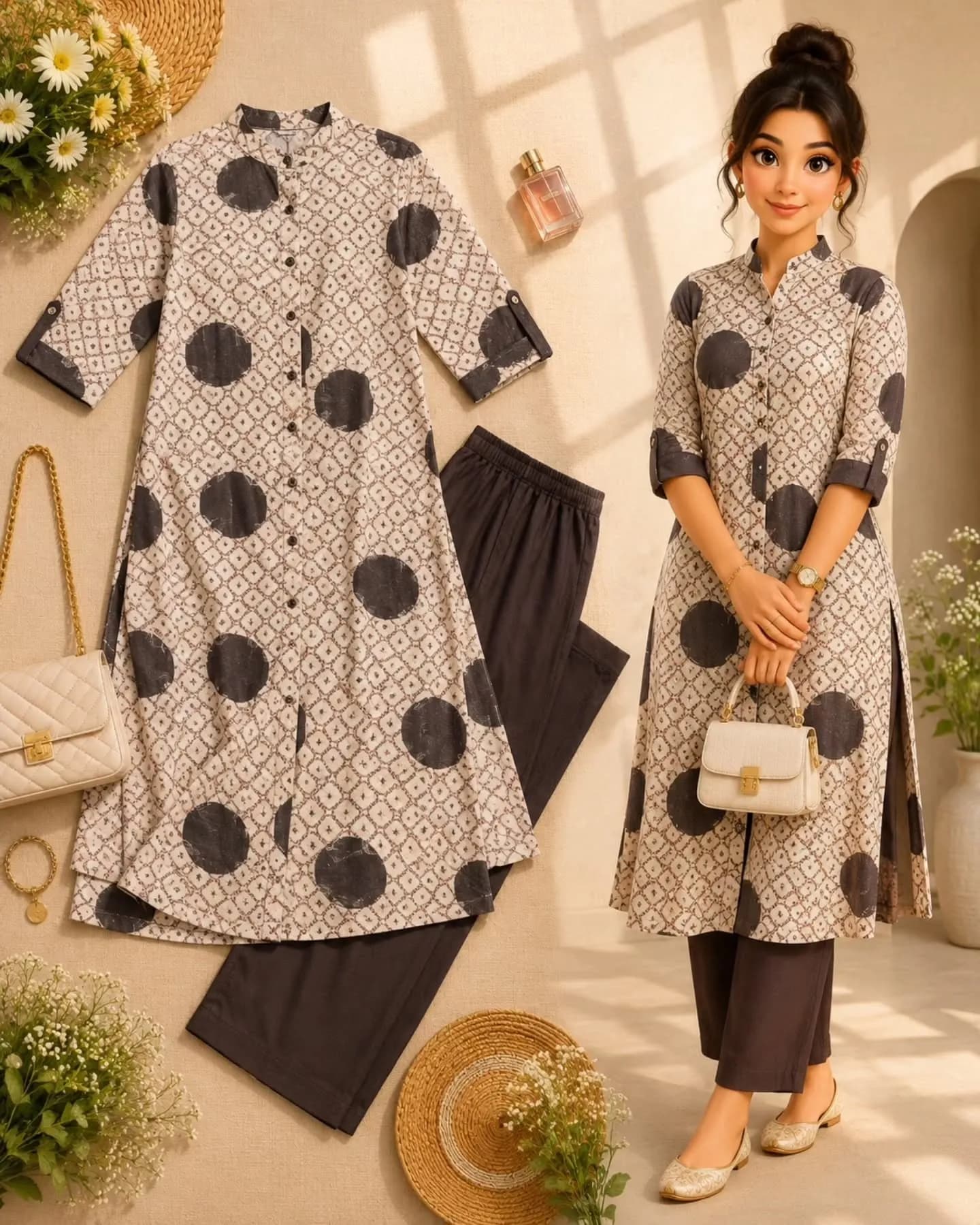 Women’s Beige & Black Printed Straight Kurta with Pants Set