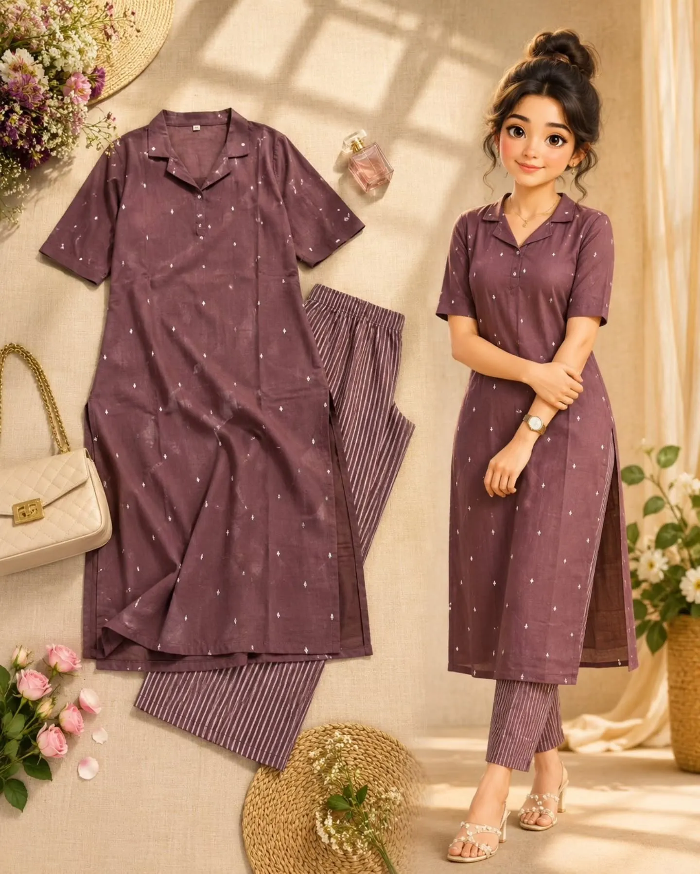 Women’s Mauve Purple Printed Straight Kurta with Striped Pant Set
