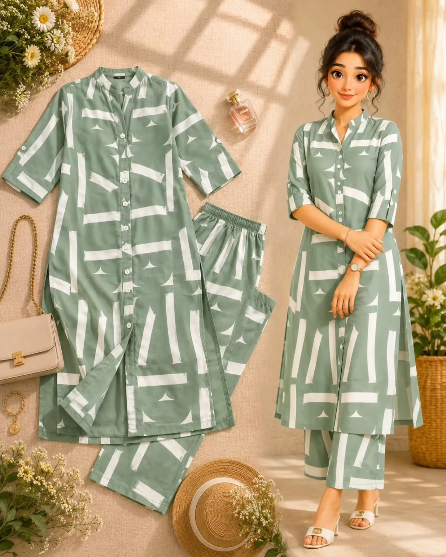 Women’s Sage Green Geometric Printed Straight Kurta Pant Set | Mandarin Collar