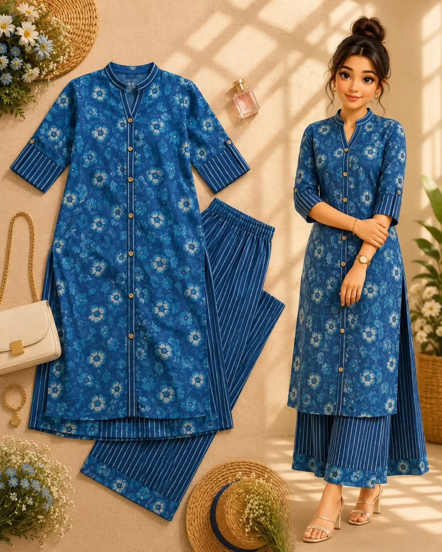 Women’s Blue Floral Printed Straight Kurta with Striped Palazzo Pants Set
