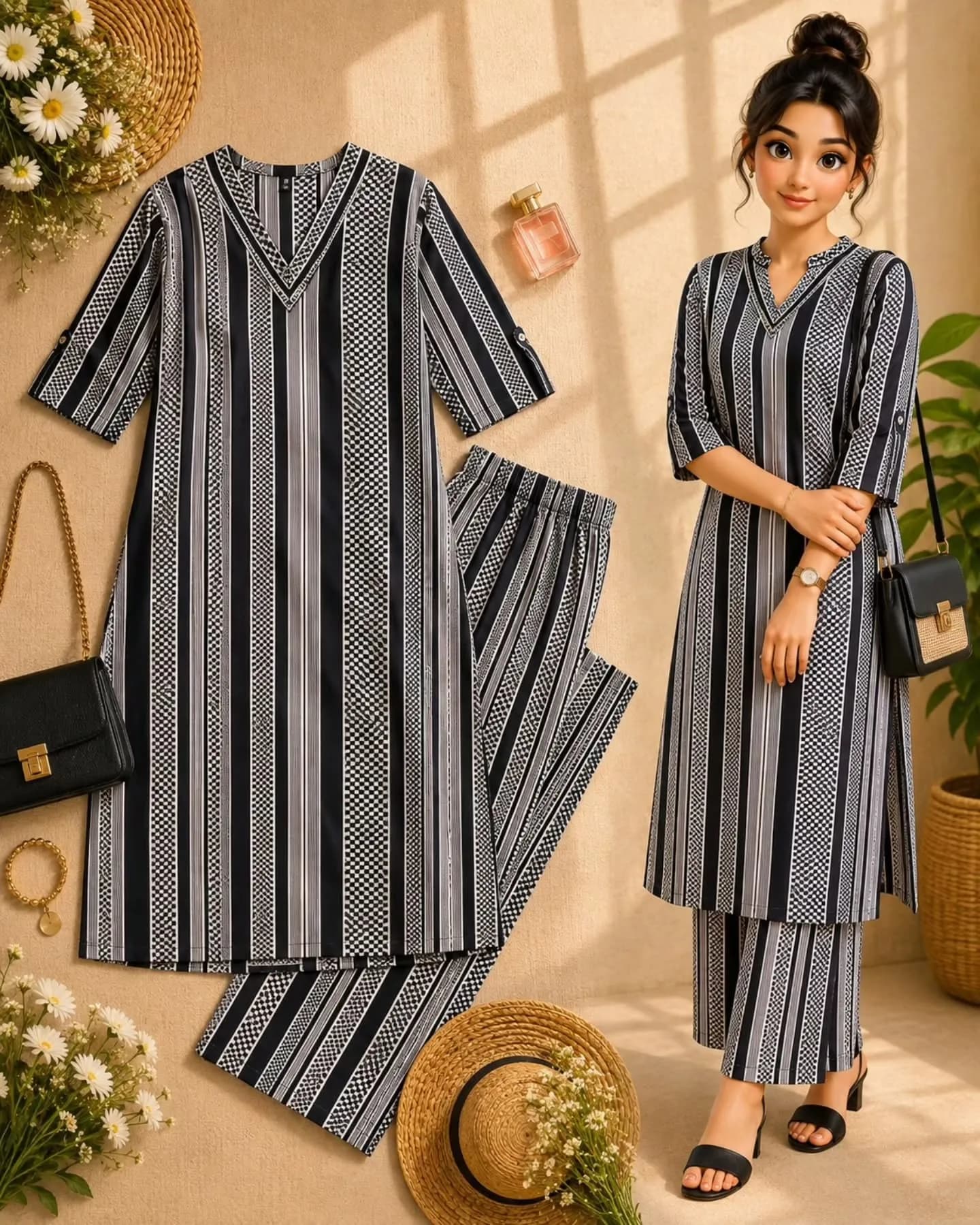 Women’s Black & White Geometric Printed Straight Kurta Pant Set