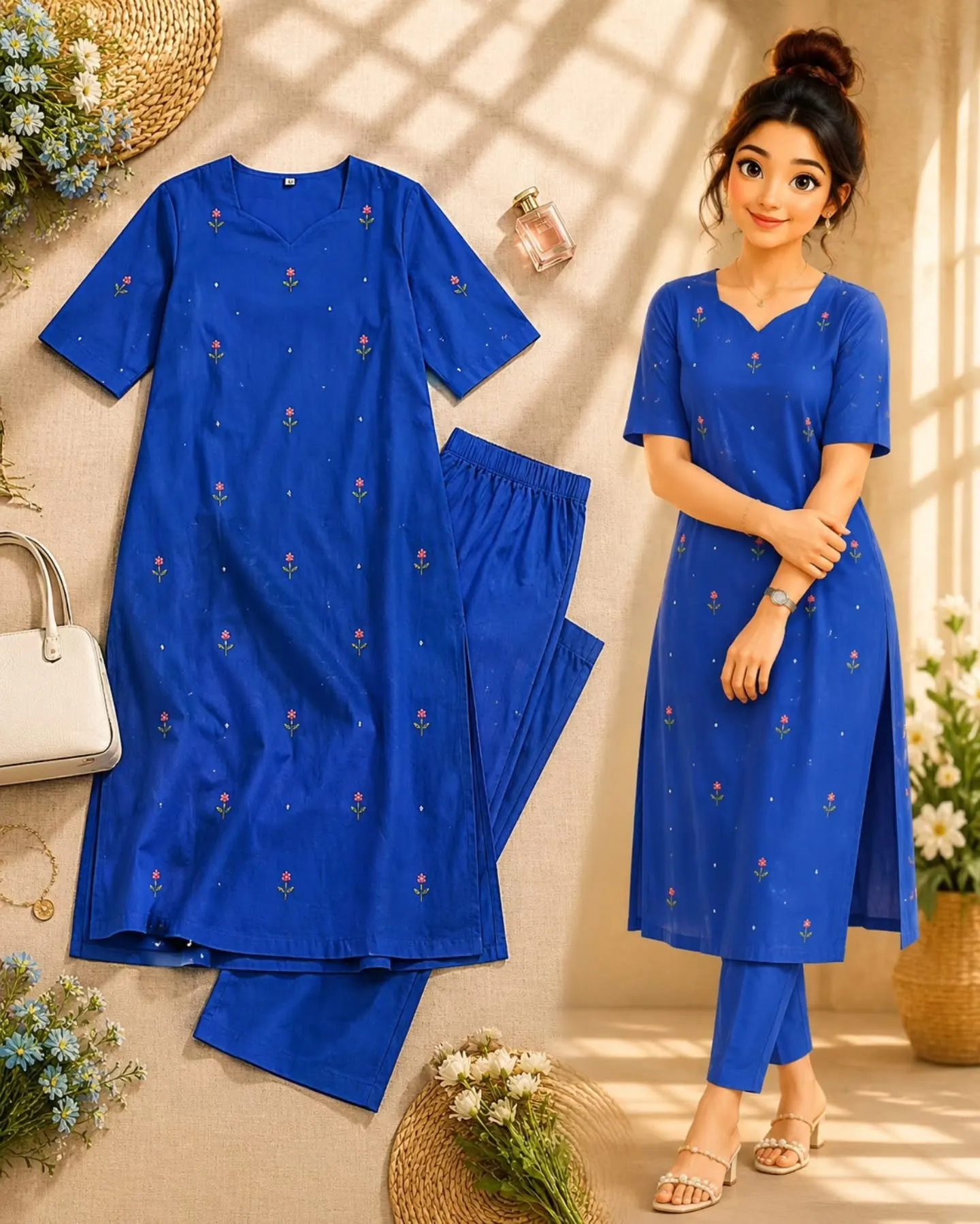 Women’s Royal Blue Floral Printed Straight Kurta Pant Set with V-Neck