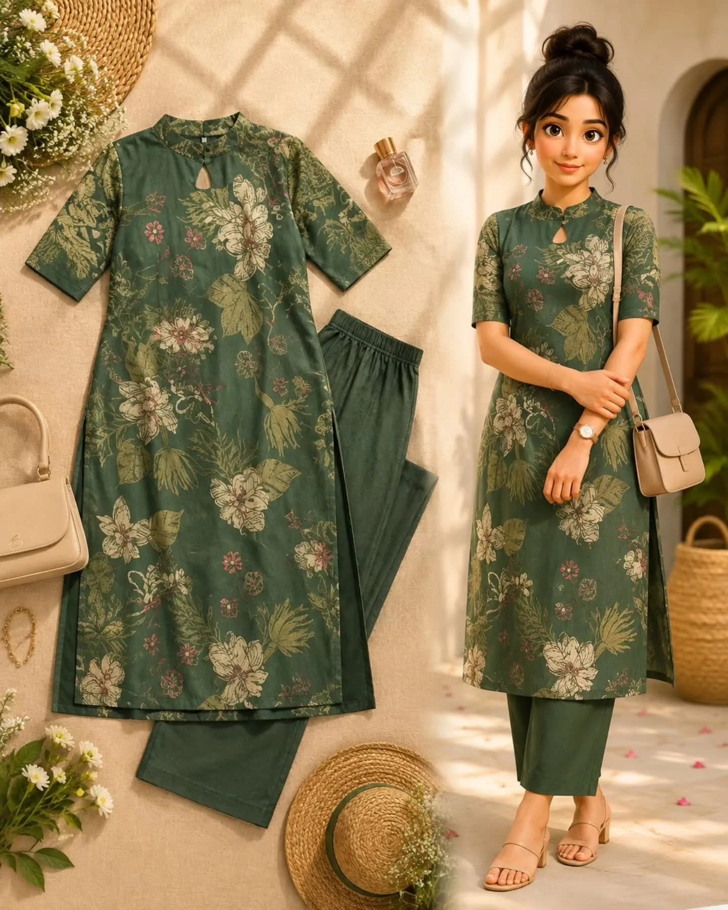 Women’s Dark Green Floral Printed Straight Kurta Pant Set with Mandarin Collar