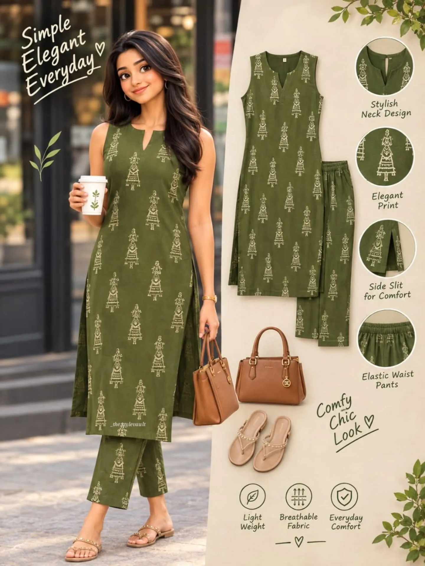 Women’s Olive Green Printed Sleeveless Kurta Pant Set | Straight Fit
