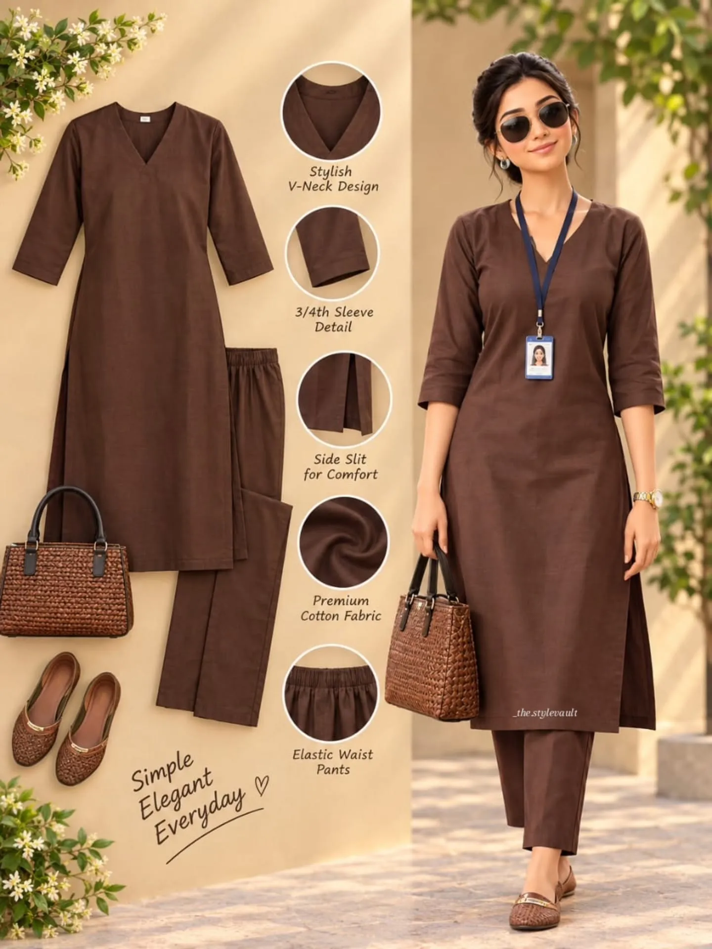 Women’s Brown Solid Straight Kurta Pant Set | V-Neck | 3/4 Sleeve