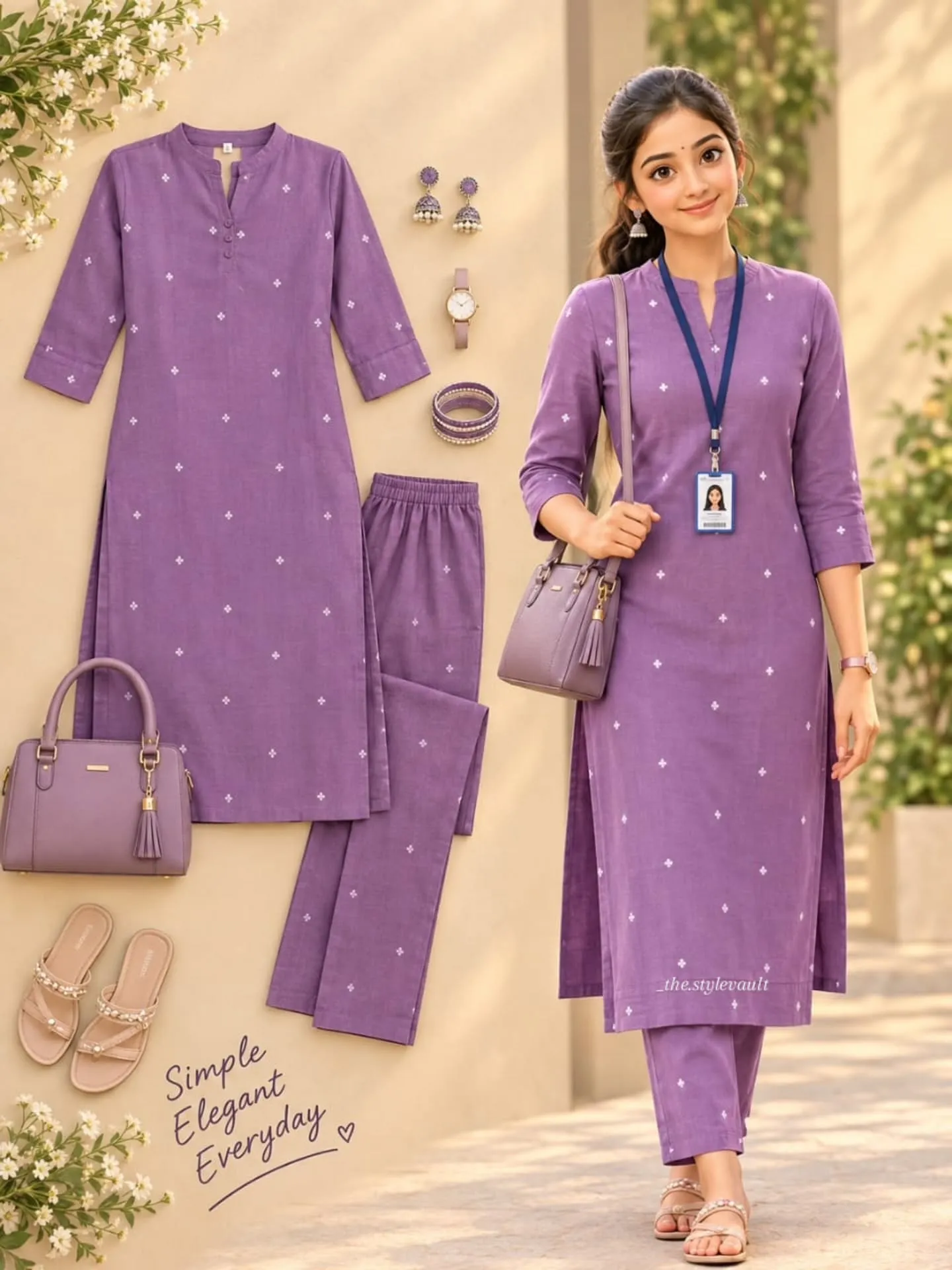 Women’s Purple Printed Straight Kurta Pant Set | 3/4 Sleeve Ethnic Wear
