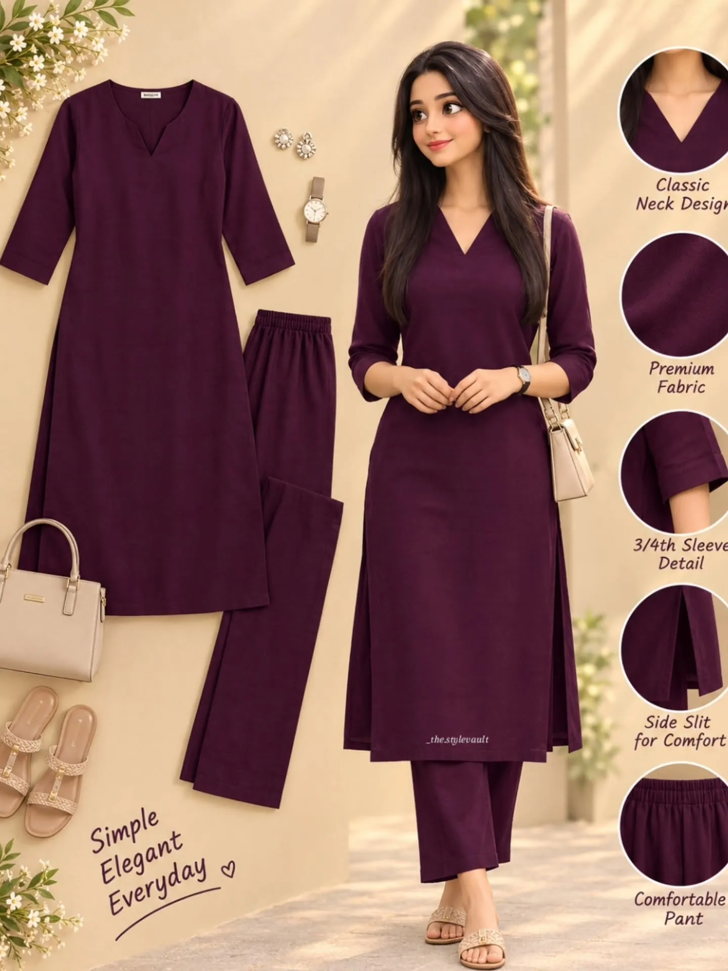 Women’s Wine Purple Solid Straight Kurta Pant Set | V-Neck | 3/4 Sleeve