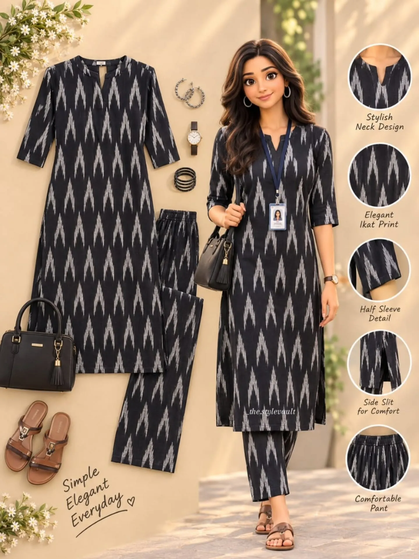 Women’s Black & White Ikat Printed Straight Kurta Pant Set