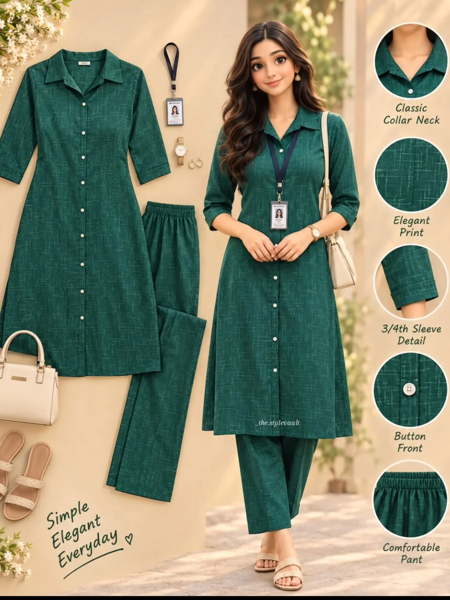 Women’s Dark Green Printed Shirt Collar Kurta Pant Set | 3/4 Sleeve