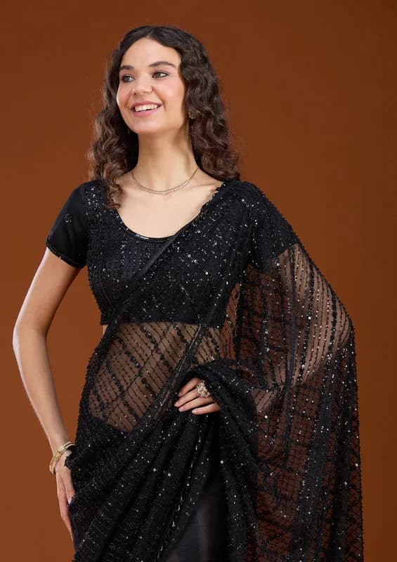 Black Net Sequins Saree With Matching Blouse Piece