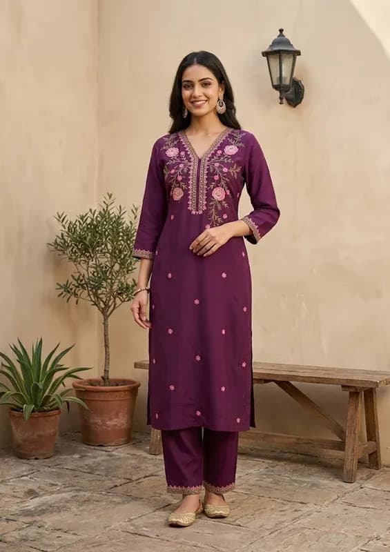 Wine Silk Threadwork Straight Kurta With Regular Pant And Dupatta