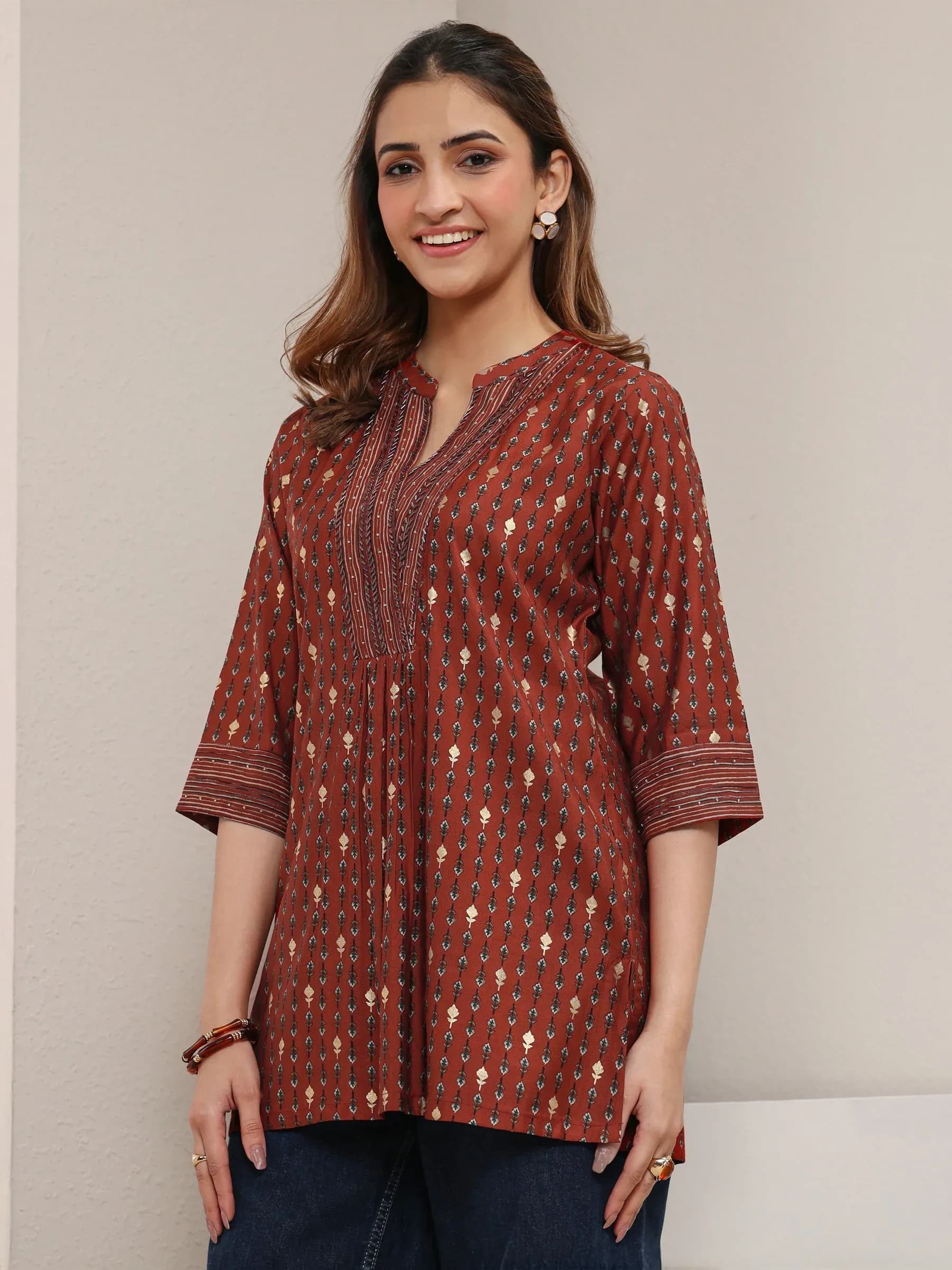 Rust Ethnic Printed Silk Blend Straight Short Kurti