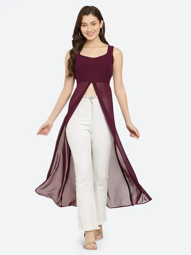 Long Kurti for Women - Georgette Sleeveless Straight Front Slit Western Kurti for Women, Regular Fit Kurta