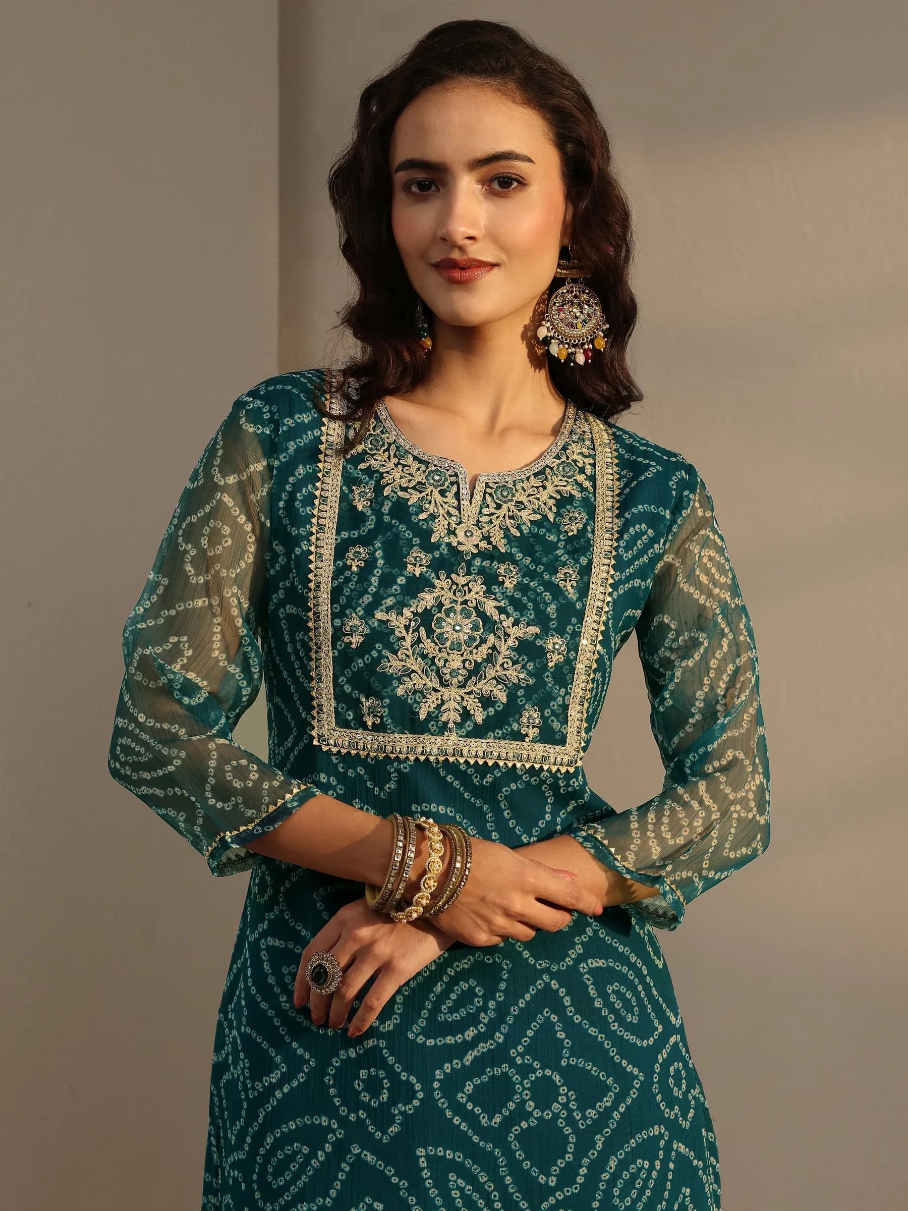 Blue Bandhani Printed Chiffon Straight Kurta