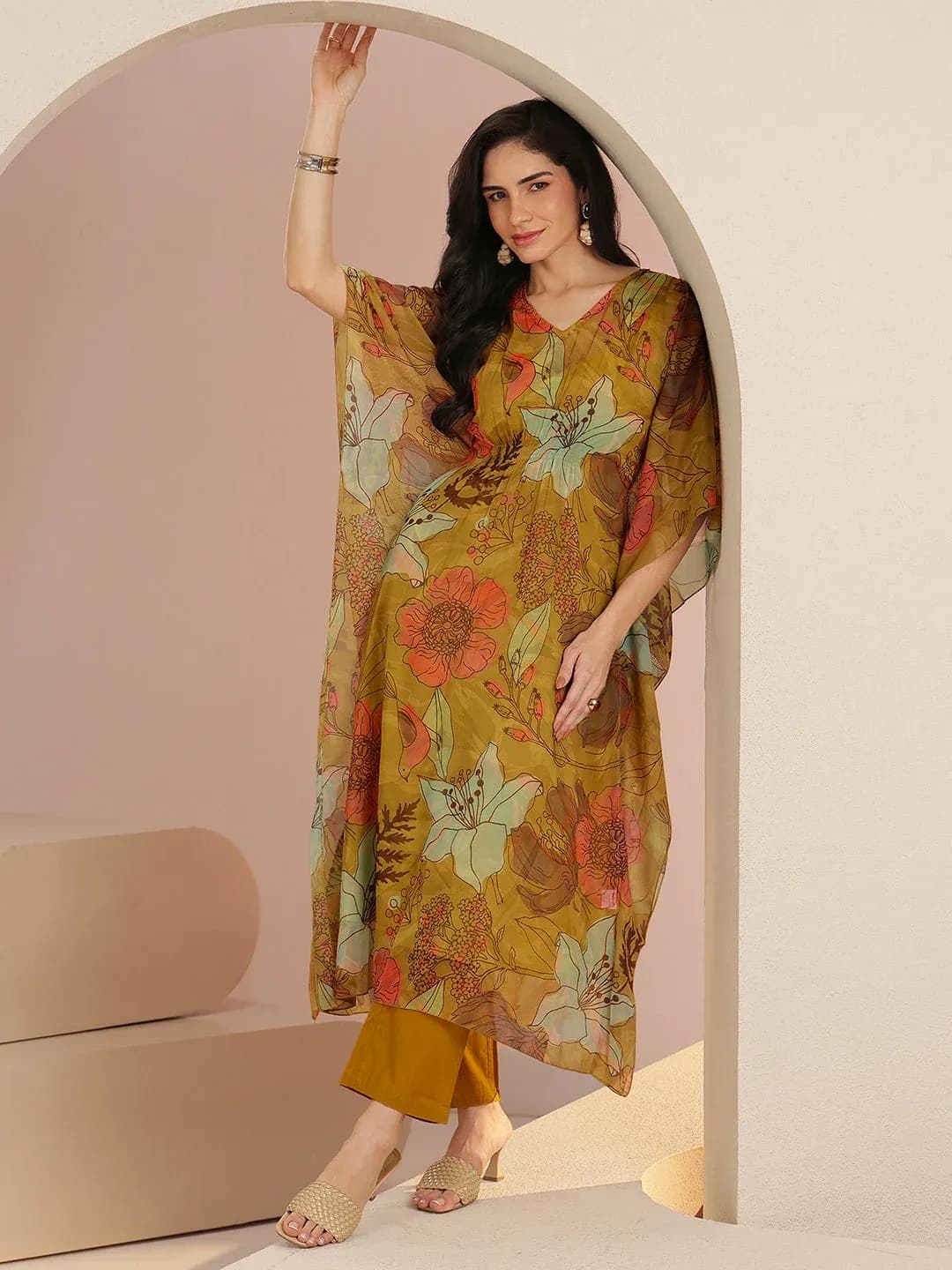 Mustard Floral Printed 3 Piece Chiffon Kaftan Kurta Set