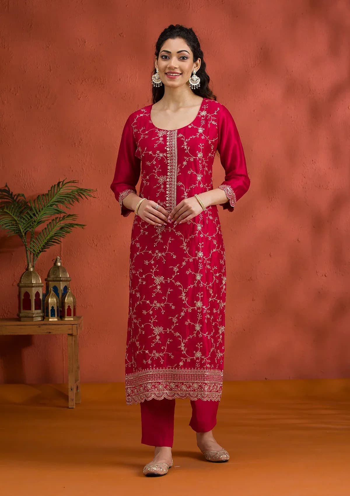 Rani Pink Soft Raw Silk Threadwork Straight Kurta With Pant Regular And Dupatta