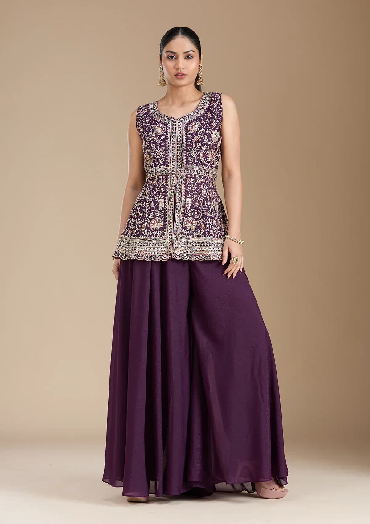 Wine Georgette Gold Zariwork Peplum Kurta With Palazzo And Dupatta