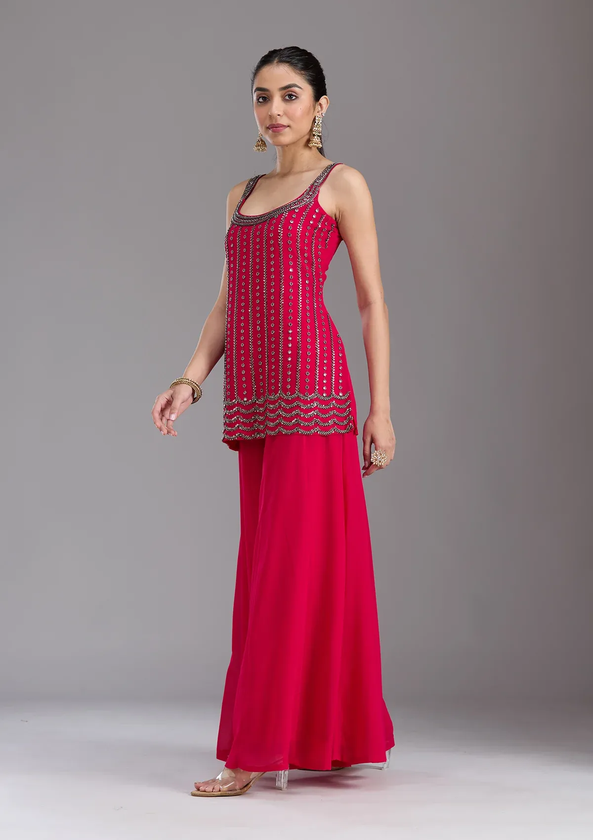 Pink Georgette Cutdana Straight Kurta With Palazzo And Dupatta