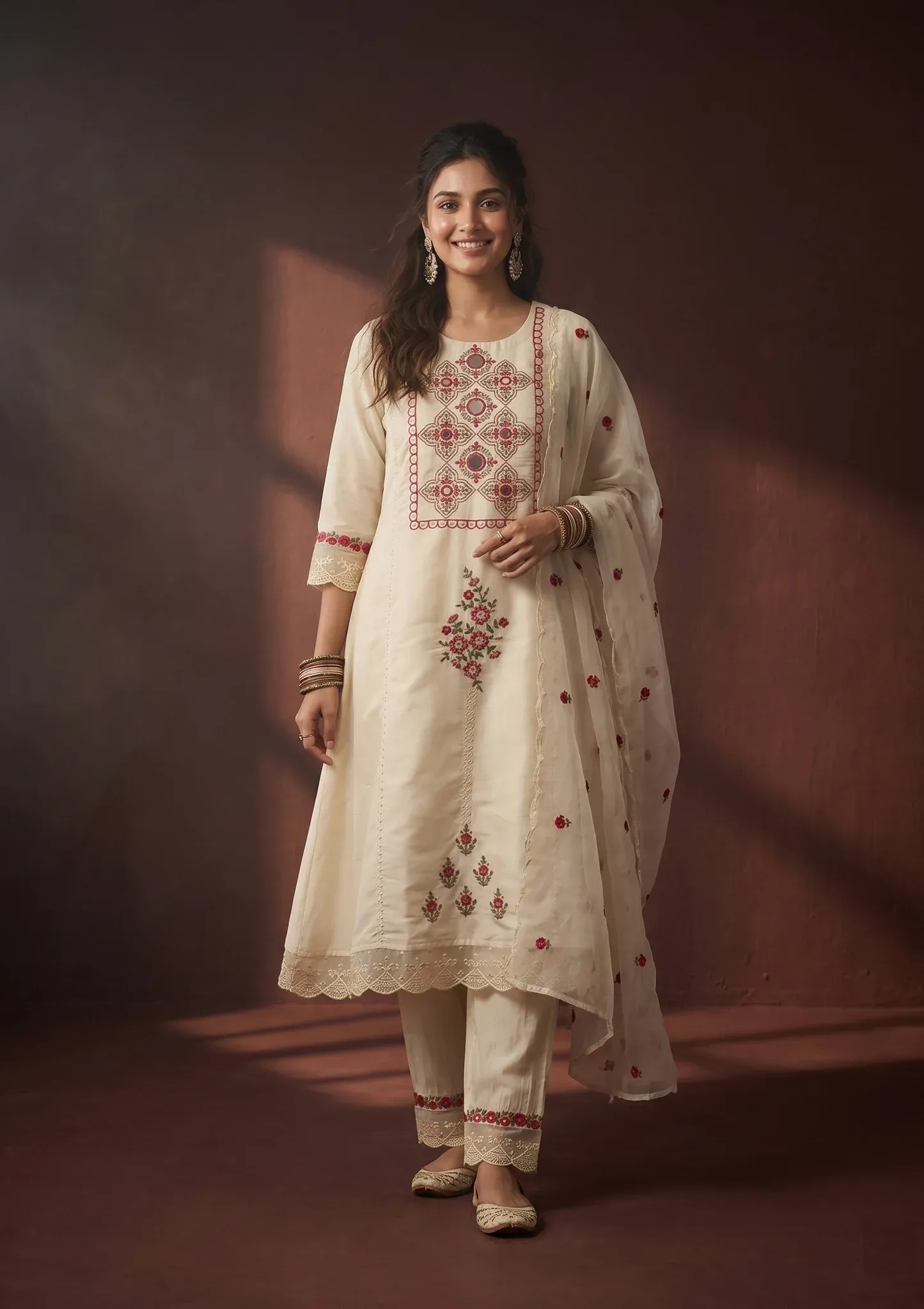 Off White Chanderi Threadwork A Line Kurta With Regular Pant And Dupatta