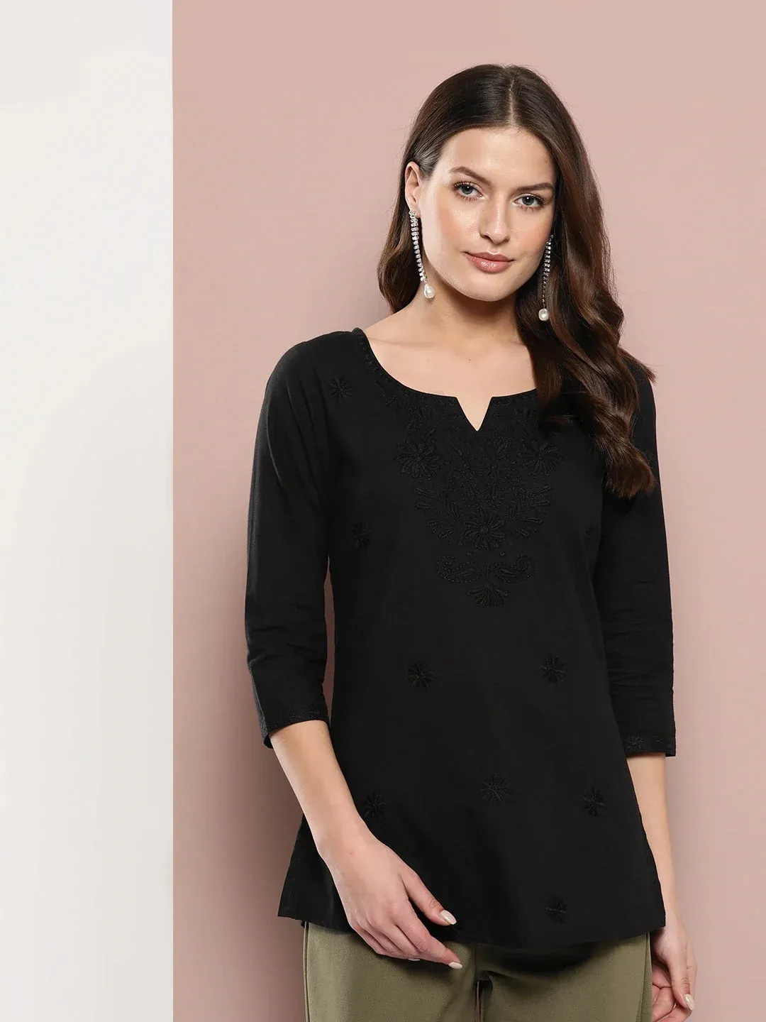 Black Floral Chikankari Embroidered Pure Cotton Top
