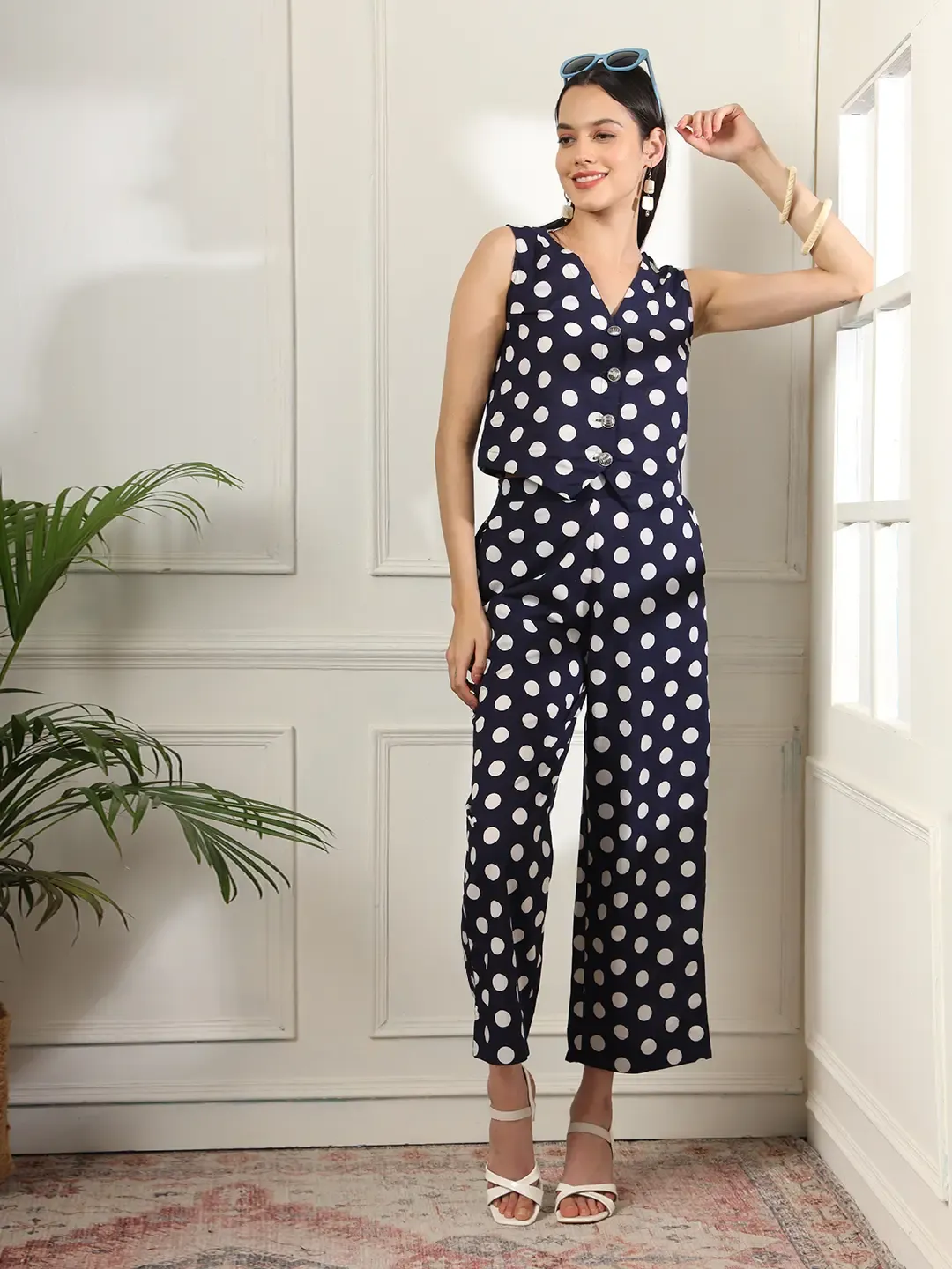 Blue Cotton Polka Dot Waistcoat Co Ord