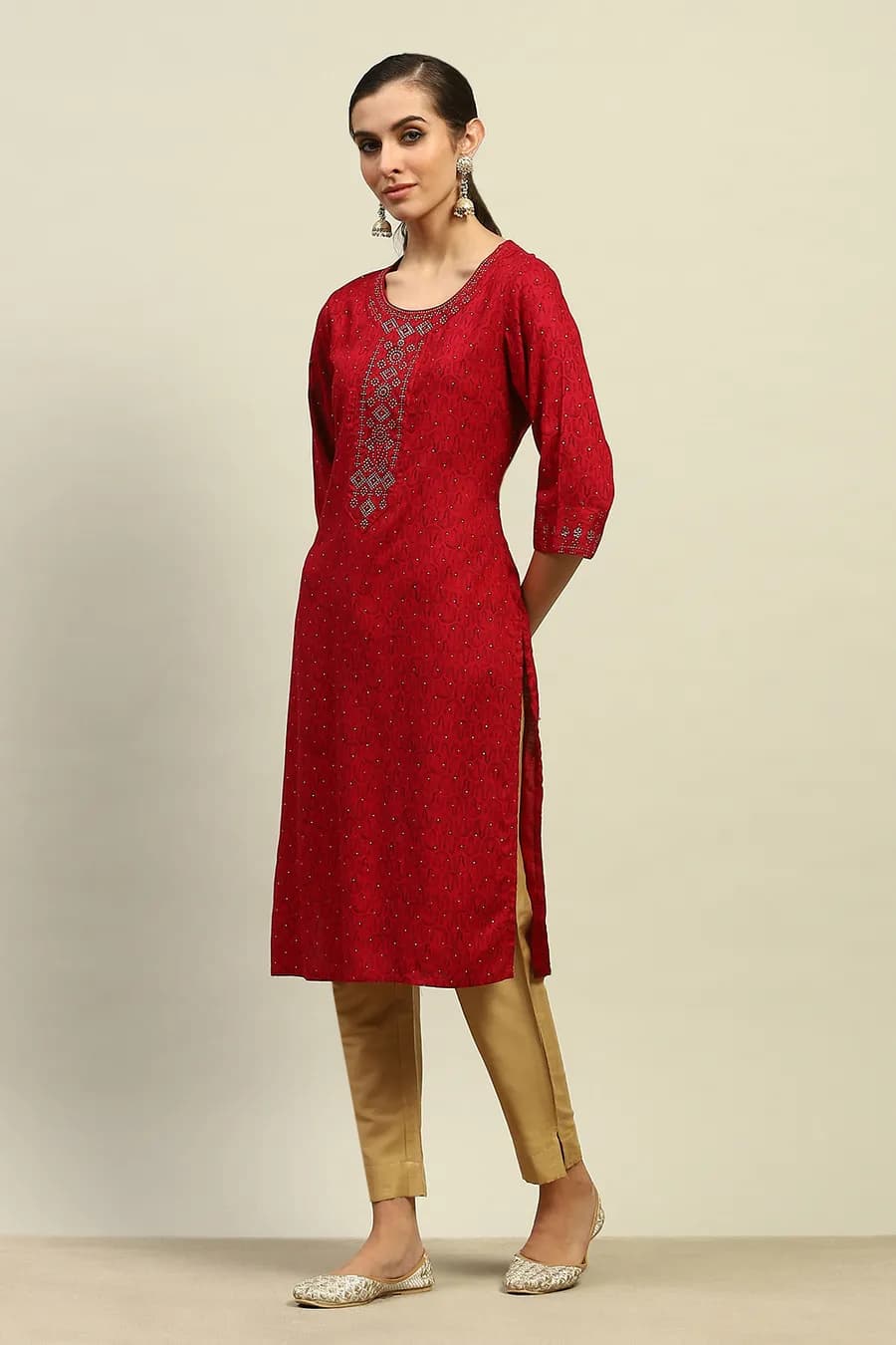 Red Rayon Slub Printed Straight Kurta