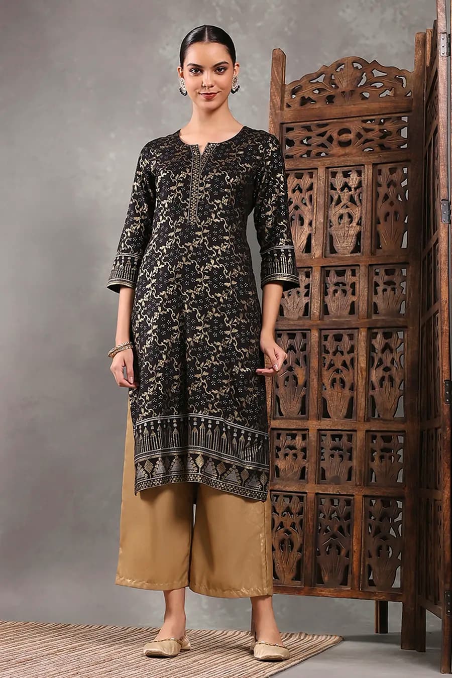 Black Printed Straight Kurta