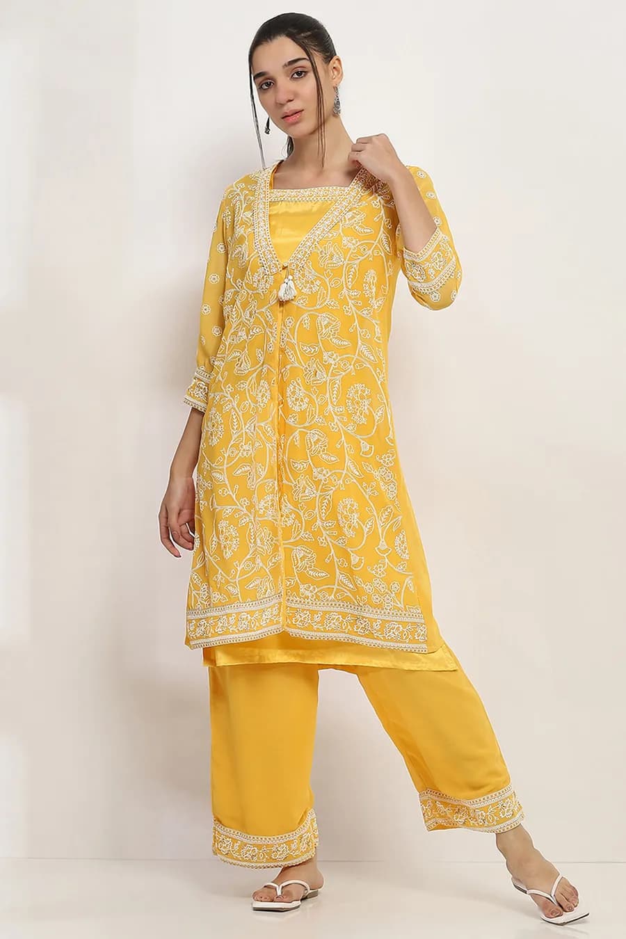 Mustard Yellow Printed Front-Open Kurta