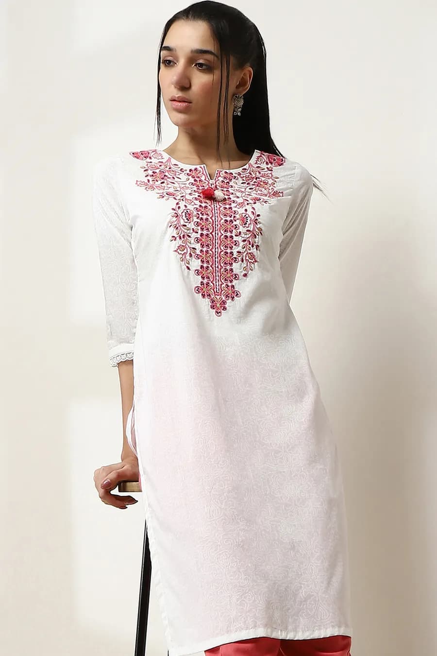 White Cotton Printed Straight Kurta