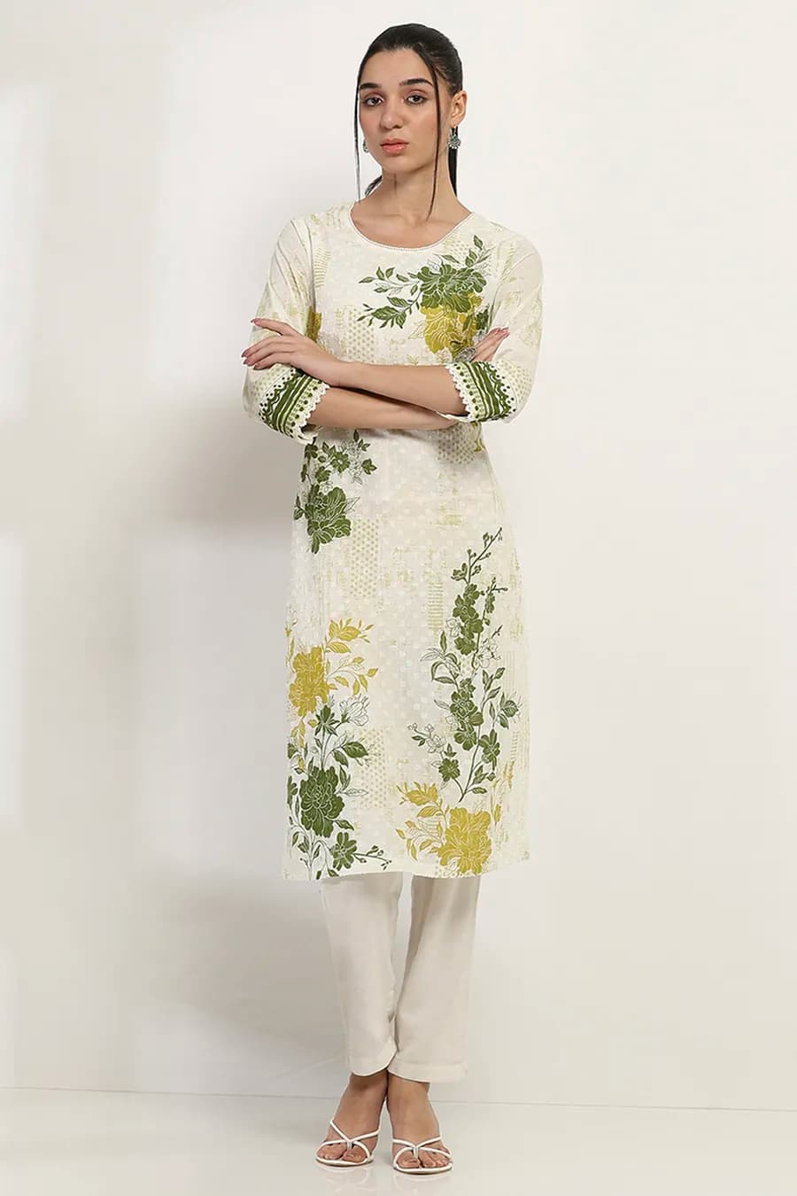Off-White and Green Cotton Straight Kurta