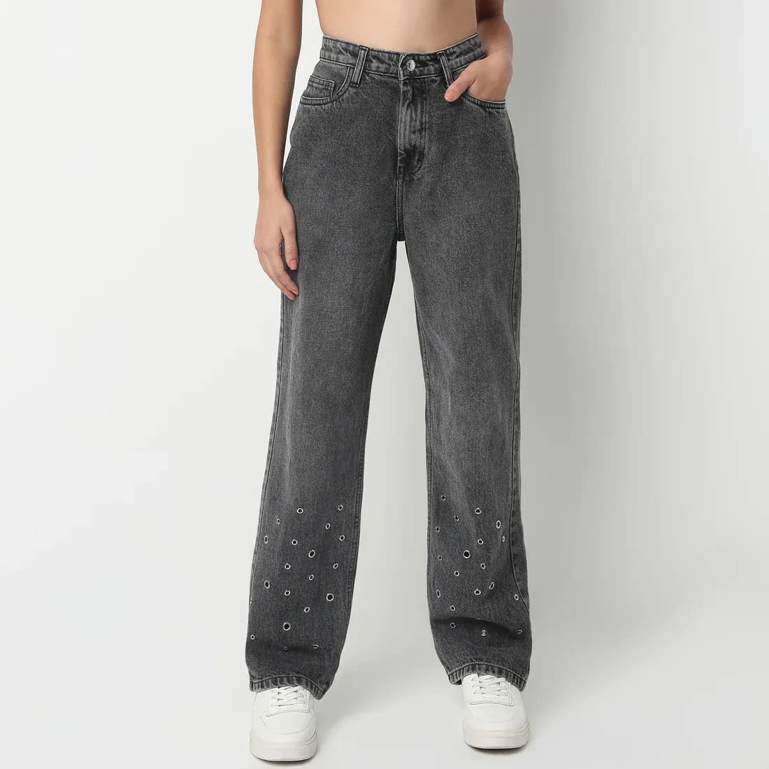 Full Length Straight Fit Pinholes Solid Jeans