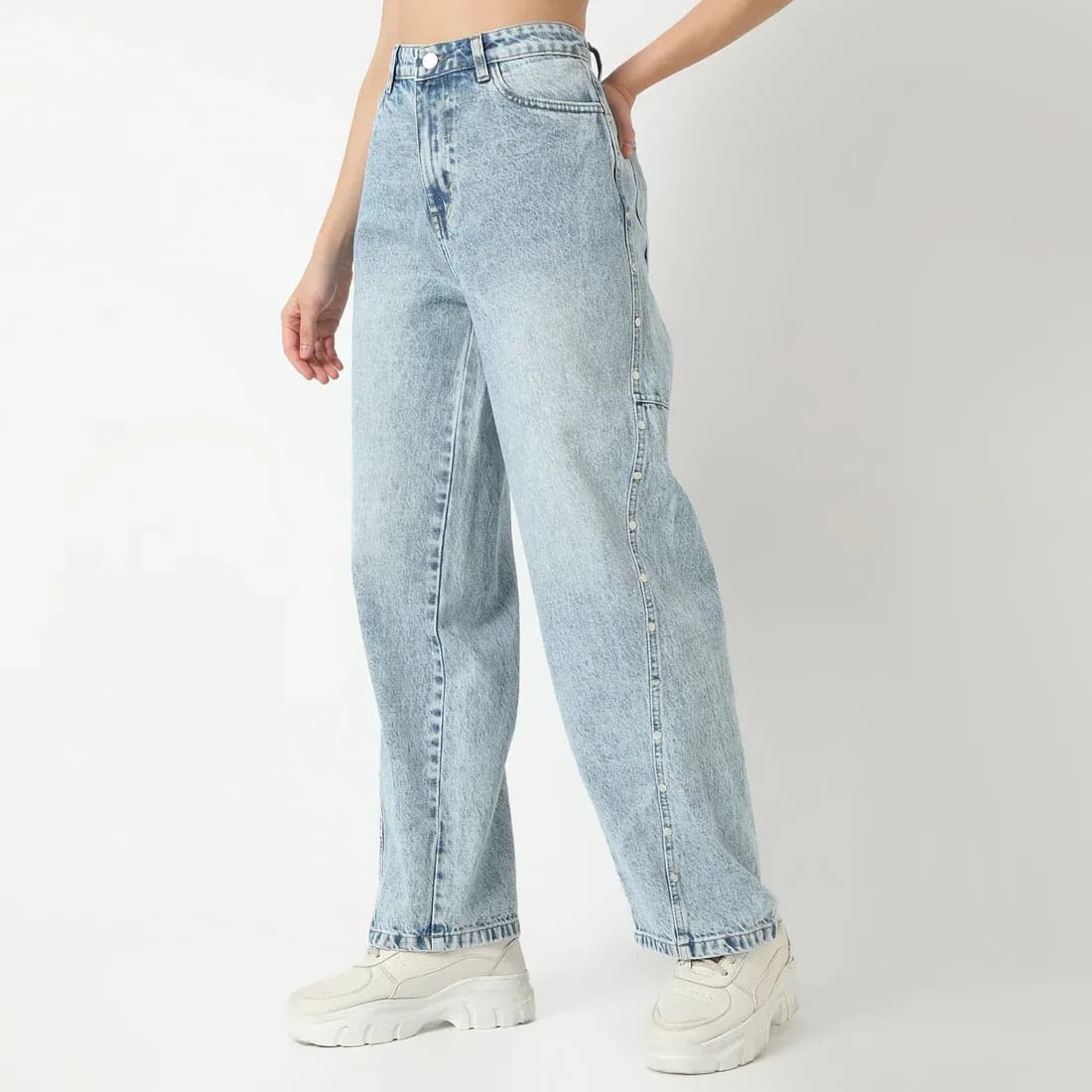 Straight Fit High Rise Light Wash Denim With Side Rivet Look Jeans