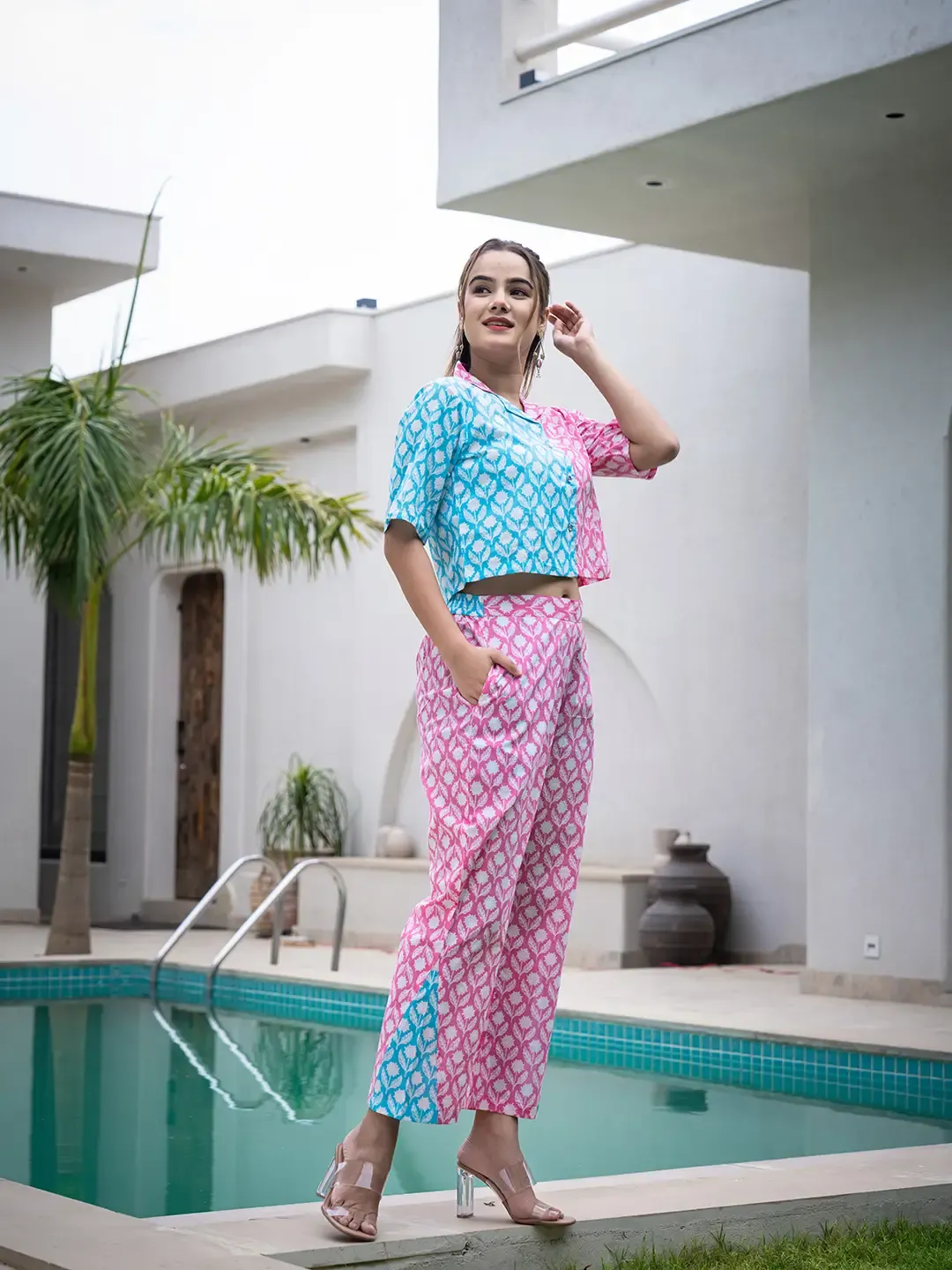 Pink And Blue Crop Top And Trouser Co Ord Set