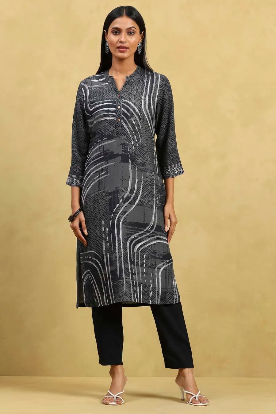Grey Viscose Rayon Printed Straight Kurta