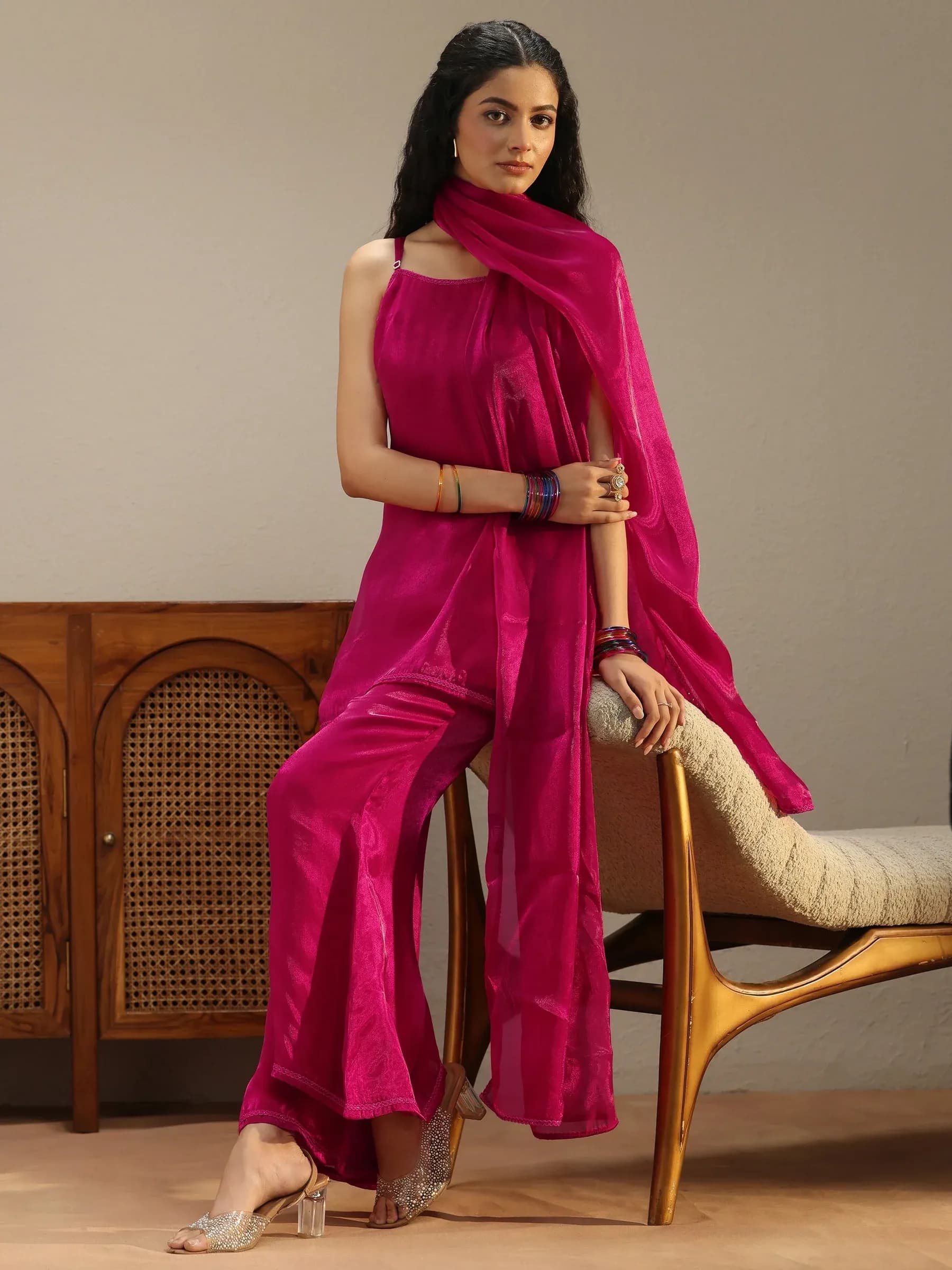 Pink Solid Tissue Palazzo Suit Set