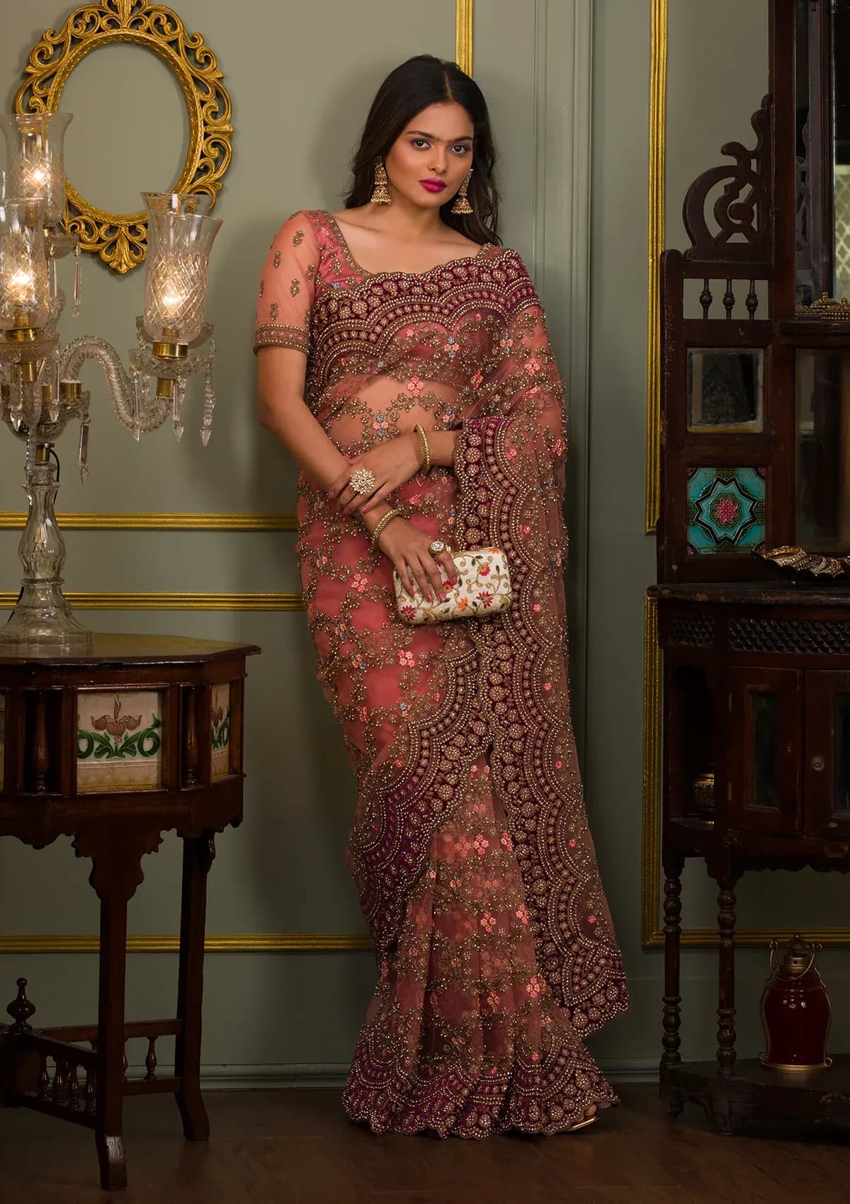 Peach Net Cording Saree With Matching Blouse Piece