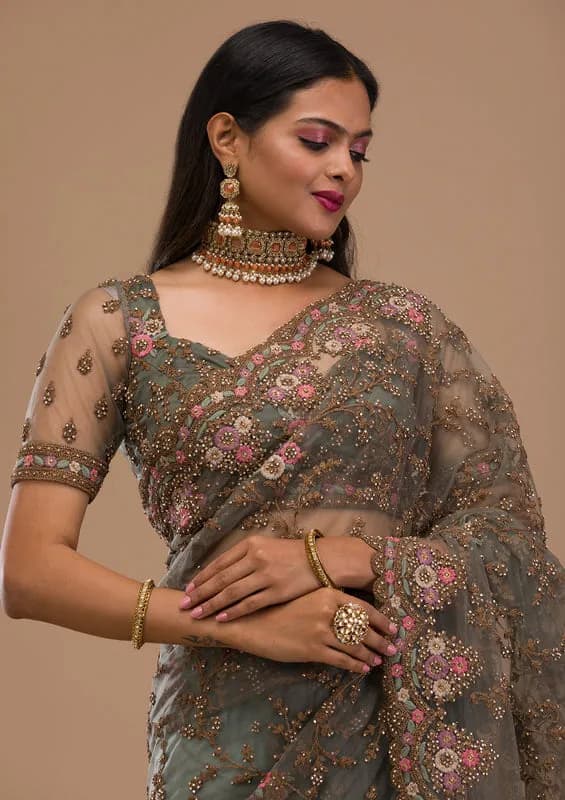 Sea Green Net Gold Zariwork Saree With Matching Blouse Piece