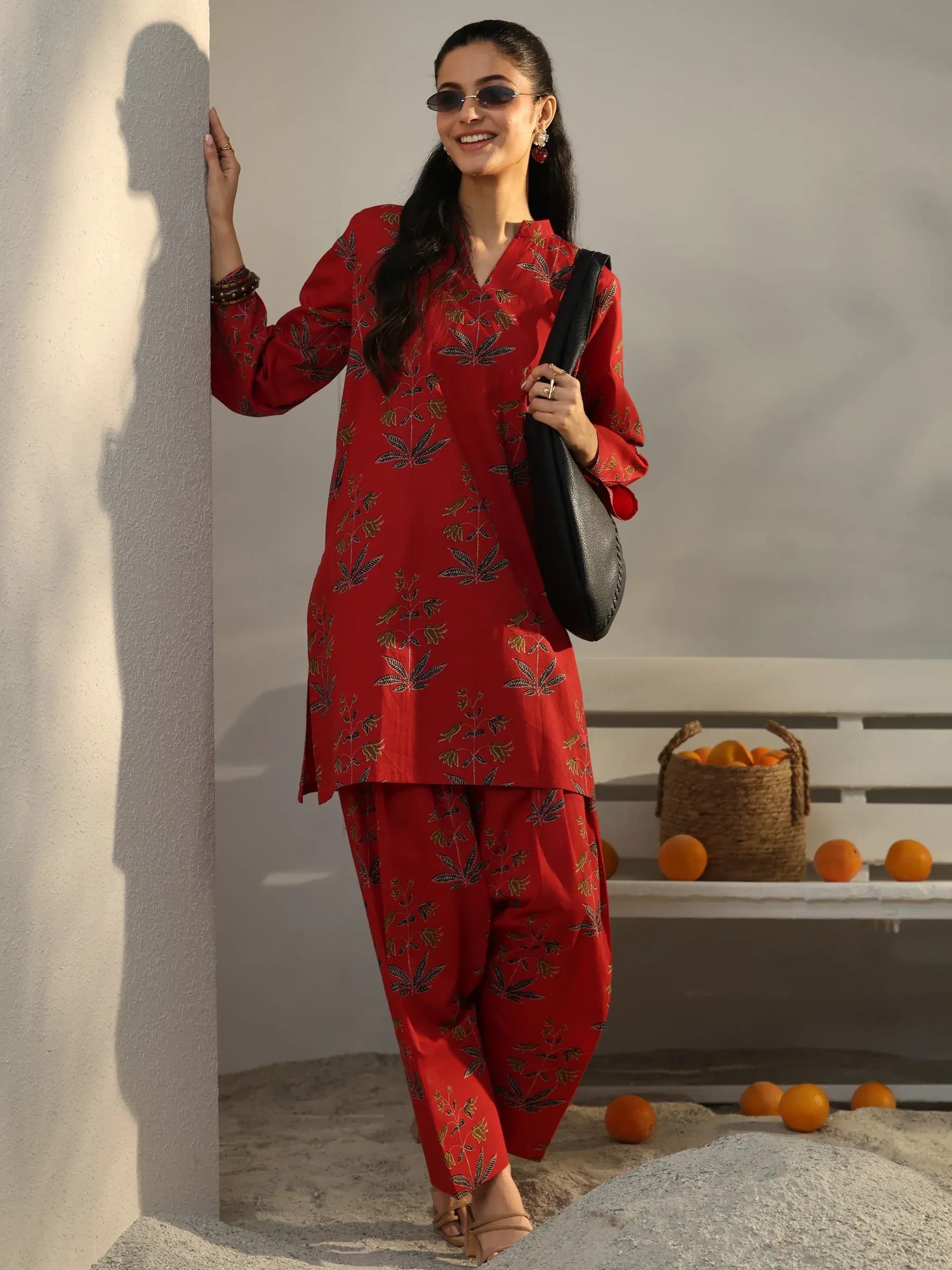Red Floral Printed Cotton Co-Ord Set